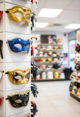 Naklejka premium Masquerade and carnival celebration, venetian masks displayed on a store wall for party supplies and festive events in a retail shop interior