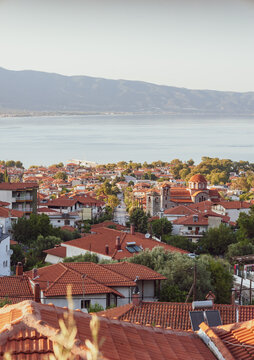 Panoramic View of Stavros Coastal Town in Greece with Sea and Mountains


