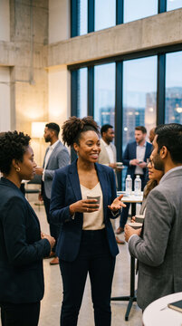 Confident Black woman entrepreneur participating in a professional networking event, speaking with other diverse business professionals, leadership, career development, Black Consciousness Day