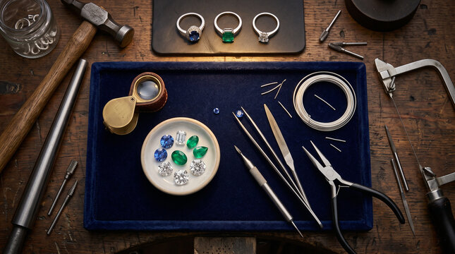 Jeweler workbench with loose gemstones rings and precision tools on blue velvet tray