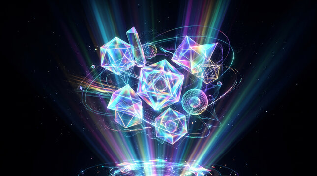 Abstract futuristic 3d geometric shapes glowing in dark space with neon light rays
