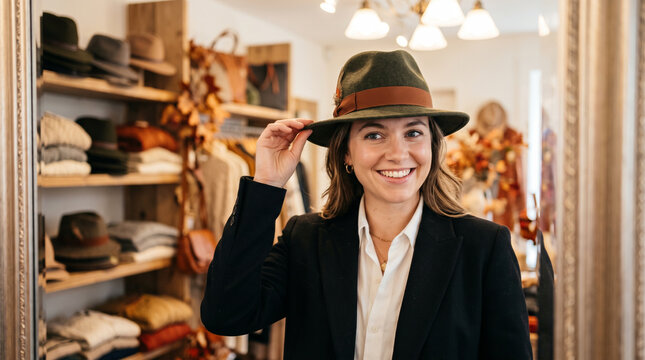 Smiling woman trying on fedora hat in boutique clothing store