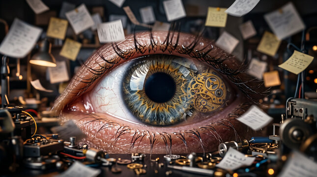 Human eye with mechanical gears in iris surrounded by scattered papers and notes representing adhd