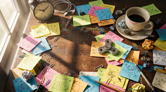 Cluttered desk with sticky notes and fidget spinner representing adhd concept