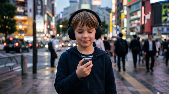 Young boy wearing noise canceling headphones on busy city street representing autism sensory protection