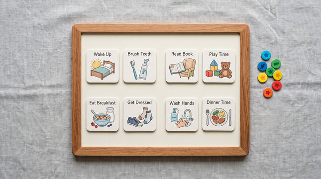 Visual schedule board with daily routine tiles for autism and special needs children