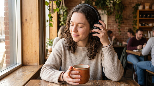 Woman wearing noise canceling headphones with coffee in cafe for autism sensory regulation