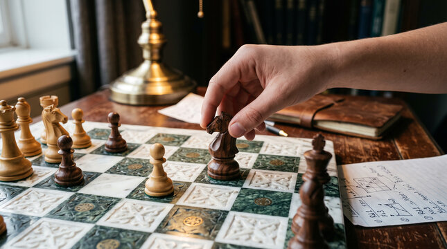 Hand moving chess knight on board with math formulas representing gifted intellect