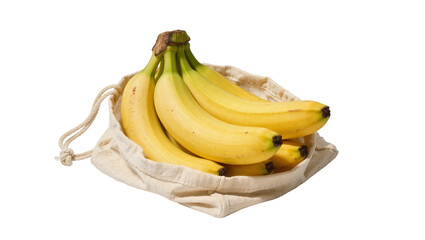 Bunch of ripe yellow bananas in a beige drawstring bag, isolated on transparent background © iPNG
