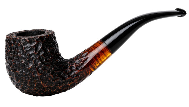 Textured dark briar wood smoking pipe with amber stem, isolated on transparent background