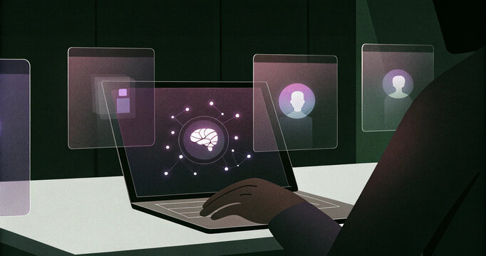 Modern vector artwork of dark mode workspace featuring laptop with glowing brain graphics and floating interface cards
