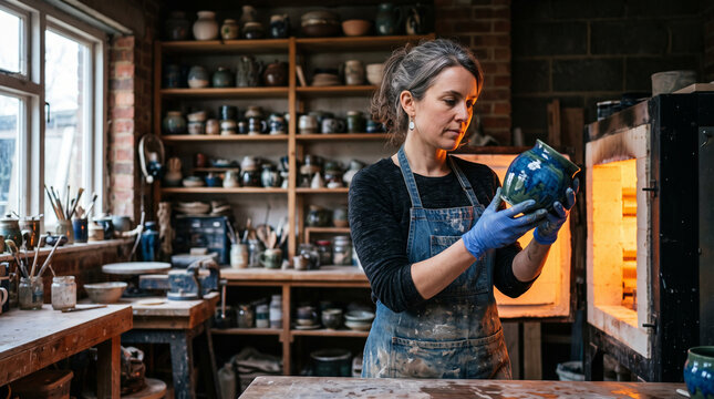 Female potter inspecting glazed ceramic vase in workshop with kiln in background