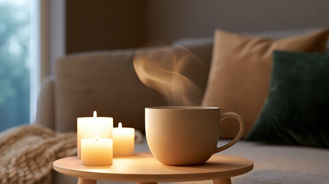 Cozy living room scene with steaming hot drink and glowing candles on wooden table creating warm relaxing atmosphere at home