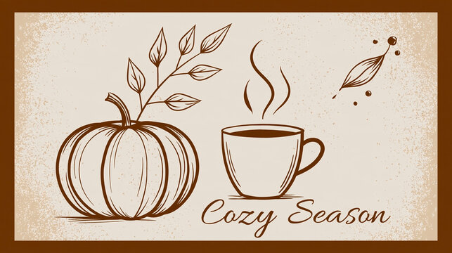 Cozy season autumn illustration with pumpkin, steaming hot drink, botanical leaves and rustic hand drawn typography on warm vintage background
