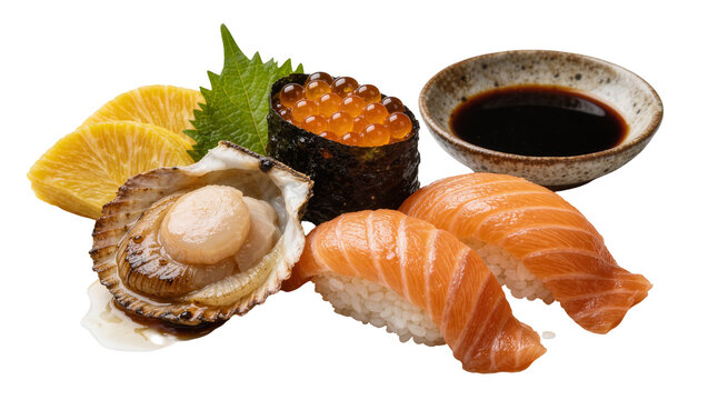 Fresh salmon nigiri scallop in shell and ikura gunkan maki sushi, isolated on transparent background