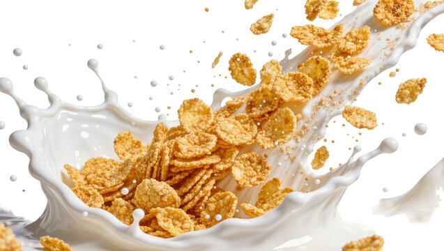 Golden corn flakes splashing into creamy milk, isolated on transparent background