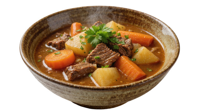 Hearty beef stew with chunks of meat potatoes and carrots, isolated on transparent background