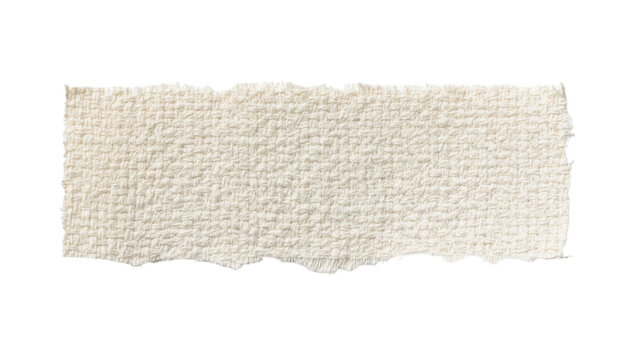 Rough textured beige fabric strip with frayed edges, isolated on transparent background