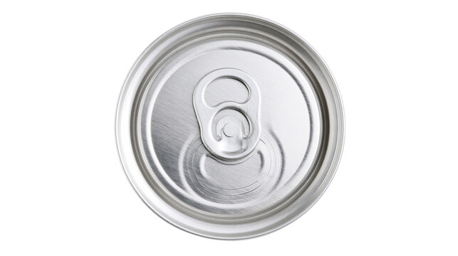 Silver aluminum beverage can top with pull tab, isolated on transparent background