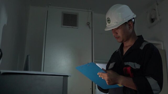 Footage engineer using computer check analysis continuous emissions monitoring system for air pollution reduction. Sustainable environment technology data information Concept energy saving, control