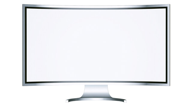 Curved widescreen computer monitor with silver metallic bezel, isolated on transparent background