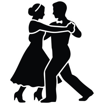 Elegant ballroom dancers couple dancing tango silhouette black vector illustration in style.