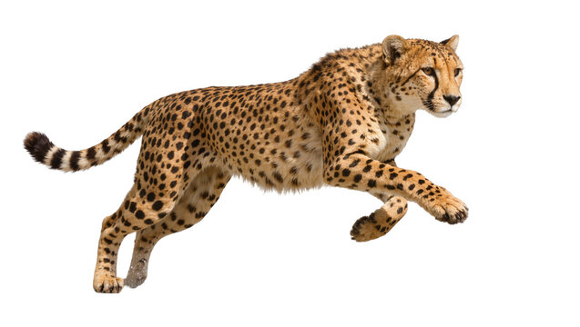 Spotted cheetah running at full speed, isolated on transparent background