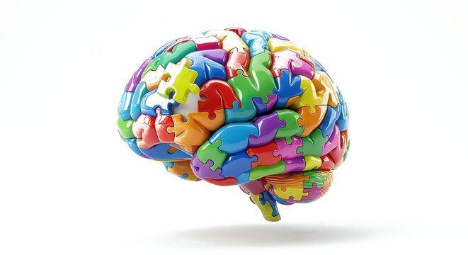 3D Human Brain Made of Colorful Jigsaw Puzzle Pieces on White Background, Psychology Concept
