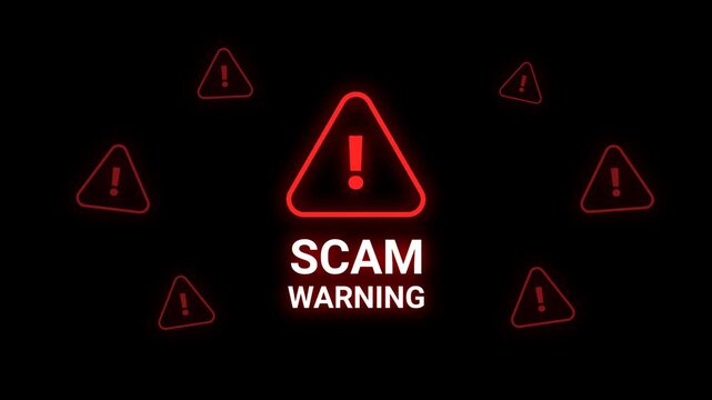 Scam warning text with flashing red triangle exclamation mark icons animation on a transparent background