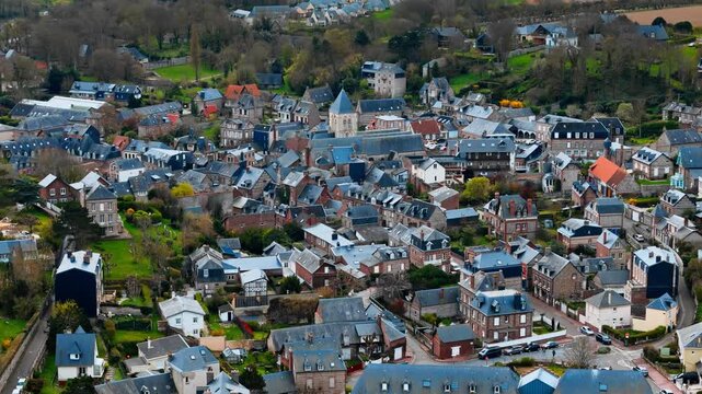 Veules-les-Roses village center in Normandy with church and traditional houses. English Channel coastal village for French countryside and heritage