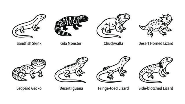 Reptile Diversity: An educational illustration showcasing a variety of lizard species, including Sandfish Skink, Gila Monster, Chuckwalla, Desert Horned Lizard, Leopard Gecko, Desert Iguana.