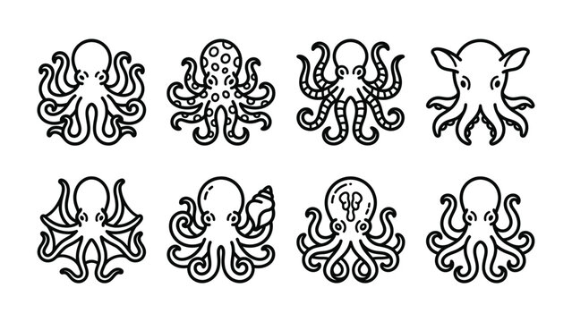 Octopus Icon Collection: A graphic collection featuring eight stylized, minimalist octopus illustrations in a clean line art style, showcasing diverse poses and decorative elements.