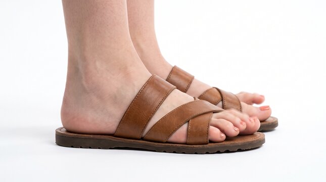Close up of a person's feet wearing stylish brown leather criss cross strap sandals on a white background
