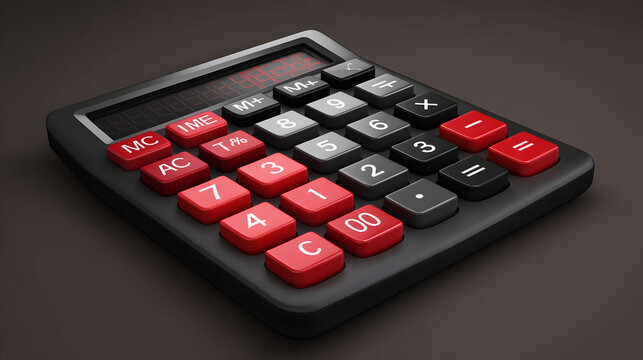 Calculator, black desktop device with red and gray buttons for everyday arithmetic