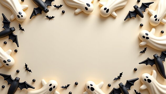 Halloween frame with cute white ghost figures and black bat silhouettes on a light beige background
