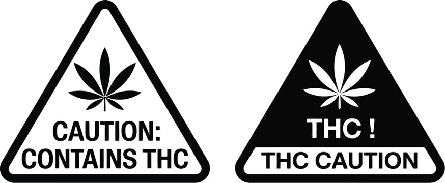 THC Warning Signs, two black and white triangular caution symbols featuring cannabis leaf silhouettes for labeling, packaging, safety, and warning graphics