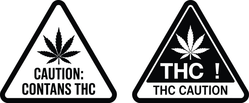 THC Warning Signs, two black and white triangular caution symbols featuring cannabis leaf silhouettes for labeling, packaging, safety, and warning graphics