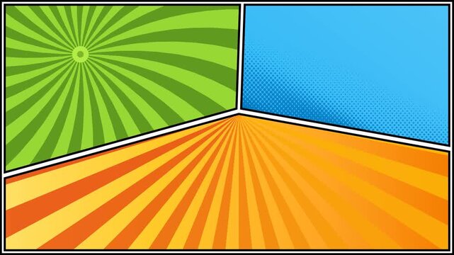 Abstract Comic Book Style Layout with Vibrant Green and Orange Radial Sunburst Patterns and a Blue Gradient Panel Background