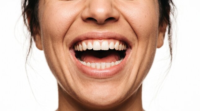 Close up of a woman's mouth laughing with teeth showing and eyes crinkled in joy