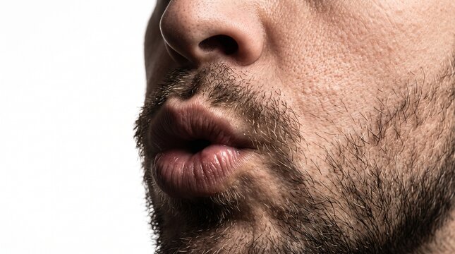 Close up of a man's mouth puckered for a kiss with stubble and facial hair