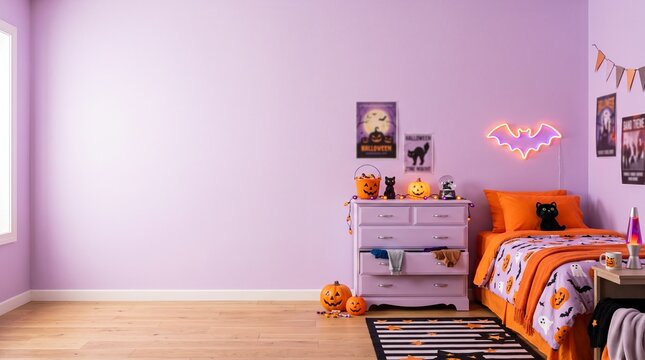 halloween decorated children's bedroom with pumpkin lights, purple walls, and cozy orange bedding