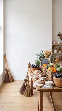 autumn harvest display with rustic bread, pumpkins, and fresh produce in cozy farmhouse interior