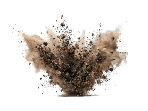 Dramatic explosion of dirt and debris particles bursting outward with force against transparent background transparent background