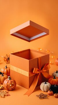 open halloween gift box with pumpkins and autumn decorations on orange background celebration concept