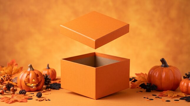 halloween-themed orange gift box with floating lid surrounded by pumpkins and autumn leaves on orange background