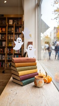 halloween decorations with paper ghosts, pumpkins, and autumn coffee cup on book stack in cozy bookstore window