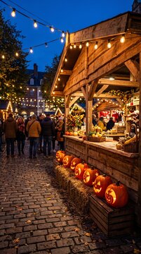autumn halloween market with carved pumpkins and warm lights on cobblestone street at dusk
