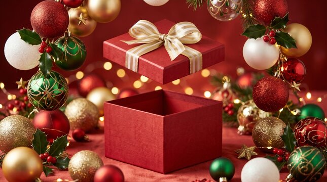 christmas gift box with floating lid surrounded by festive baubles and holly decorations in red gold green tones