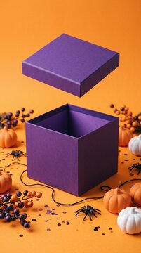 open purple gift box with halloween decorations including pumpkins and spiders on orange background