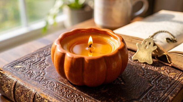 cozy halloween pumpkin candle burning on vintage book with ghost pendant near window on autumn day